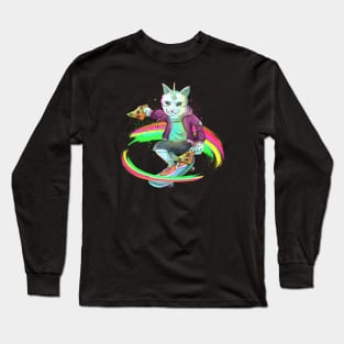 Unicorn Skateboarding Cat in Space Pizza Long Sleeve T-Shirt